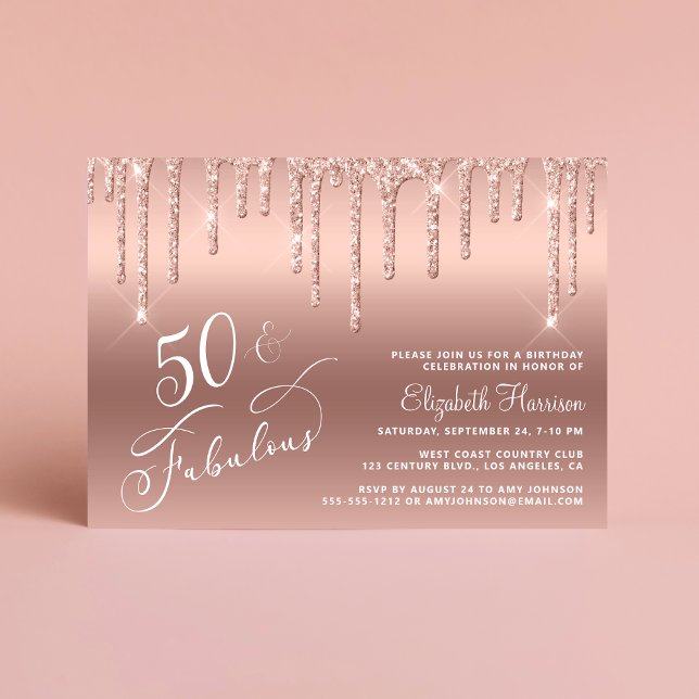 50. Geburtstag Glitzer Rose Gold Einladung (Celebrate her 50 years of sparkle with an elegant rose gold glitter birthday party invitation  🎂 🥂)