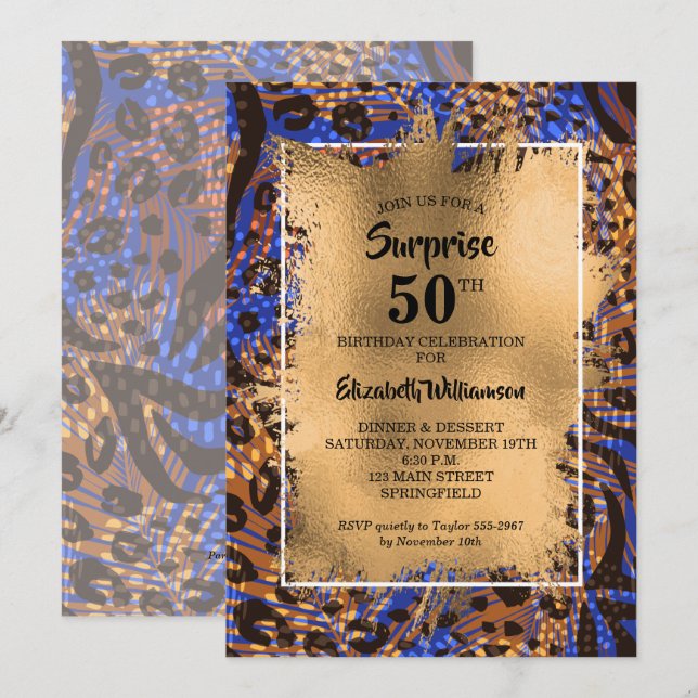50. Geburtstag Gold Animal Print Einladung (Vorne/Hinten)