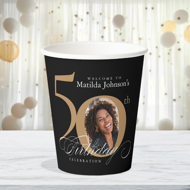 50. Geburtstag Gold Black Calligraphy Custom Foto Pappbecher (50th Birthday Gold Black Calligraphy Custom Photo Paper Cups)