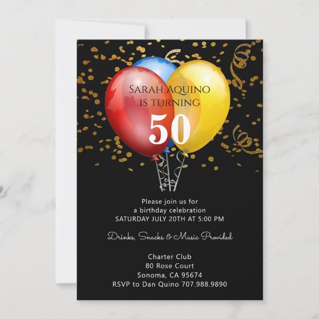 50. Geburtstag Gold Confetti & Balloons auf schwar Einladung (Vorderseite)