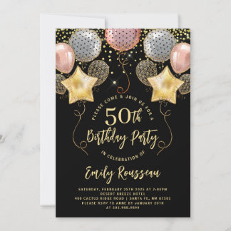 50. Geburtstag Gold Glitzer Confetti Balloons Blac Einladung