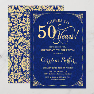 50. Geburtstag - Gold Navy Damask Einladung