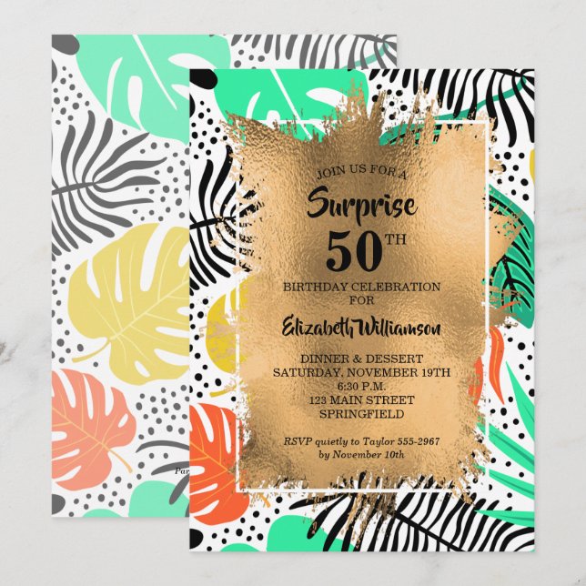50. Geburtstag Gold und Moderne Tropical Einladung (Vorne/Hinten)