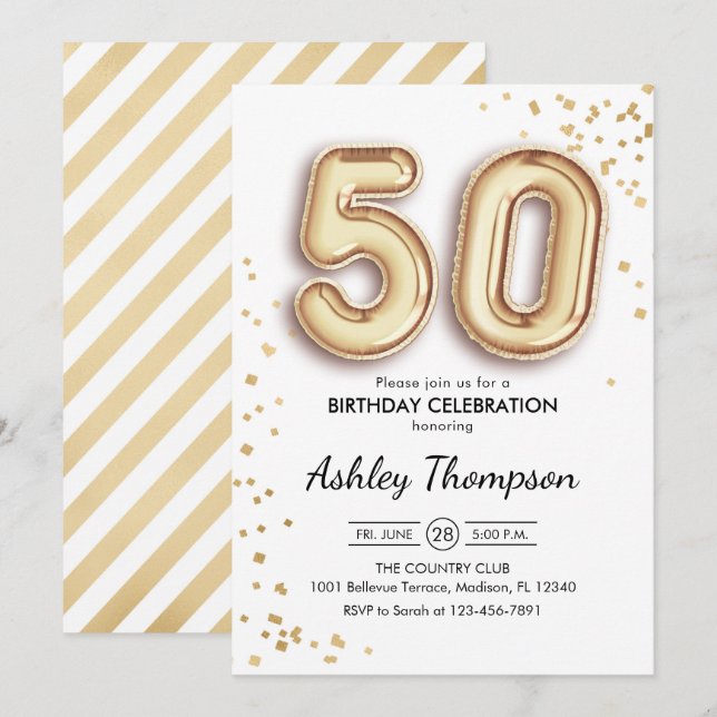 50. Geburtstag - Goldballons Einladung (Vorne/Hinten)