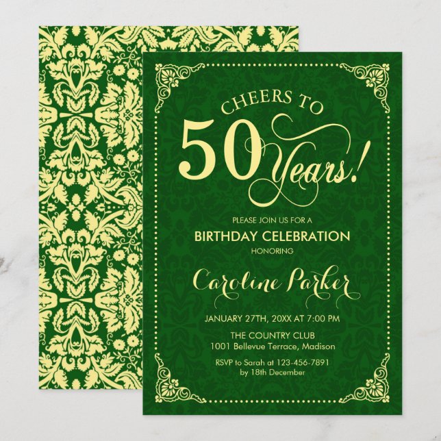 50. Geburtstag - Goldener Damast Einladung (Vorne/Hinten)