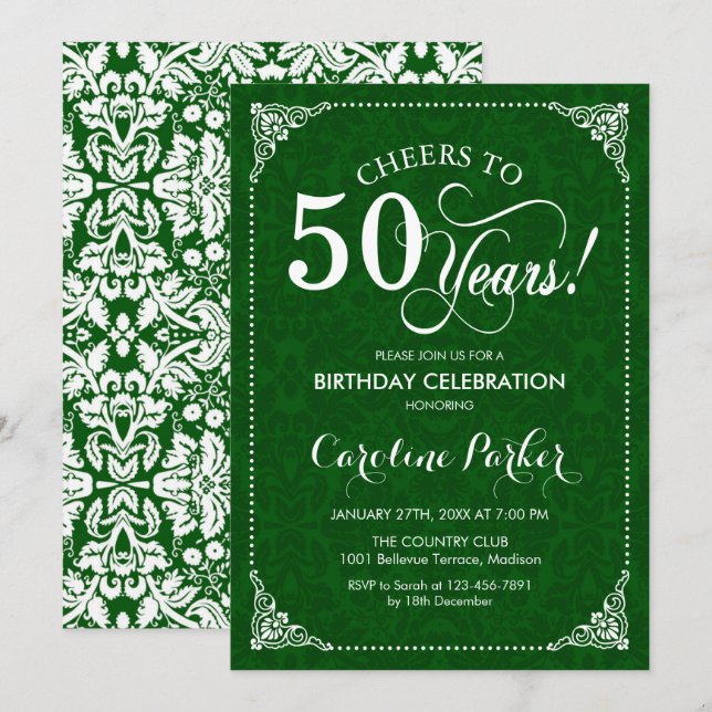 50. Geburtstag - grüner Damast Einladung (Vorne/Hinten)
