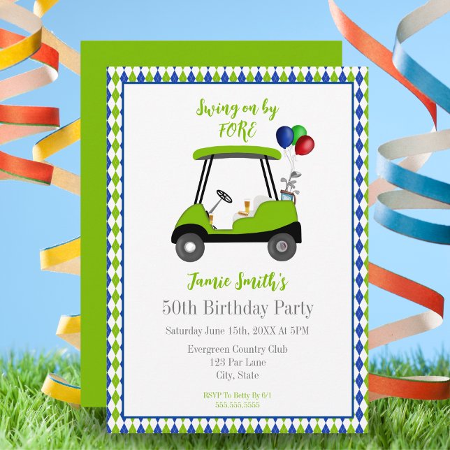 50. Geburtstag Herren Golf Cart Elegante Einladung (Von Creator hochgeladen)