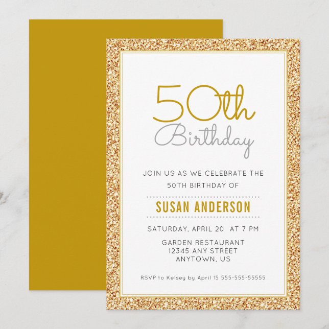 50. Geburtstag Imitate Gold Glitzer Einladung (Vorne/Hinten)