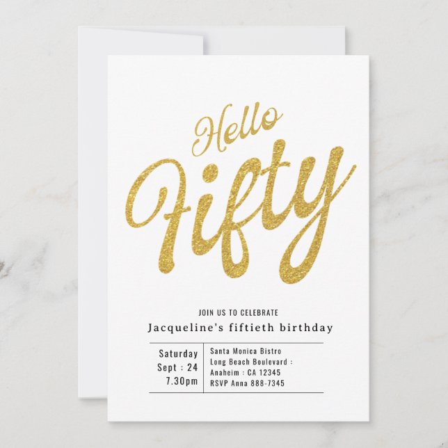 50. Geburtstag in Weiß und Gold Einladung (Vorderseite)