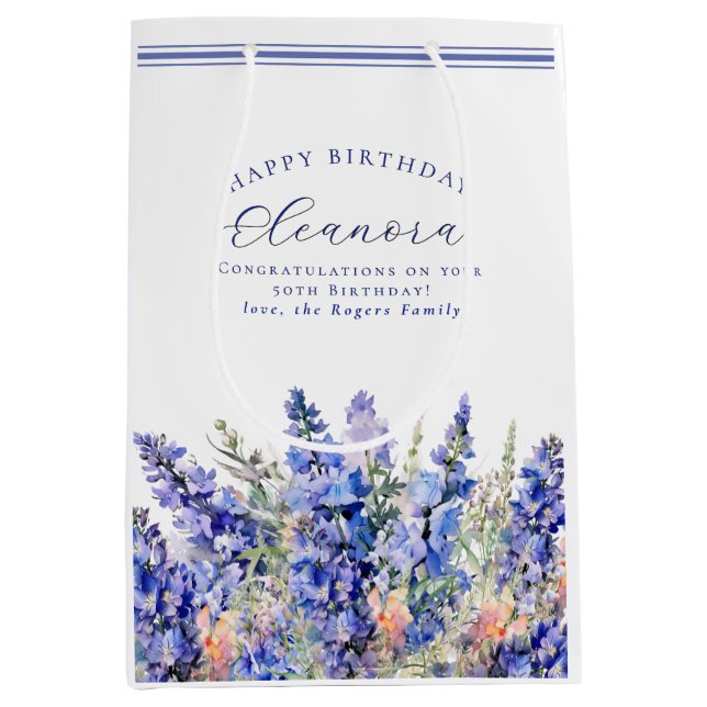 50. Geburtstag Juli Geburtsmonat Blume Blau Mittlere Geschenktüte (Vorderseite)