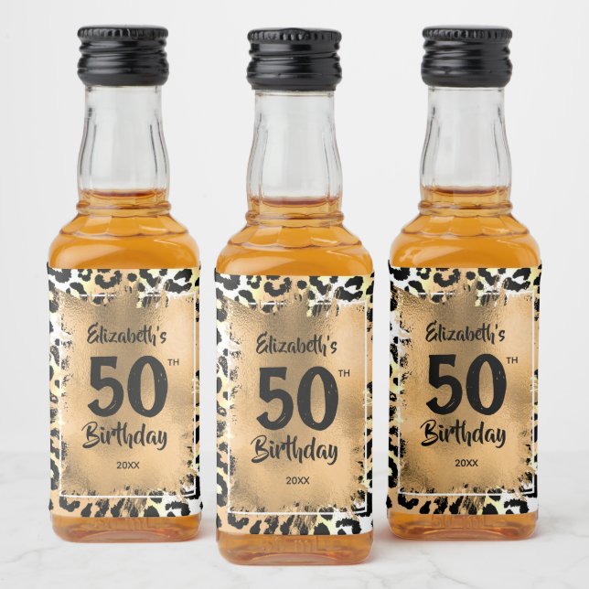 50. Geburtstag Leopard Mini Gold Custom Alkoholflaschenetikett (Flaschen)