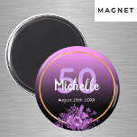 50. Geburtstag lila schwarzes Gold Save the Date Magnet<br><div class="desc">Glamouröser Magnet für einen 50. Geburtstag mit eleganter und moderner Schwarz und Rosa, lila Farbverlauf, Kulisse der Ober. Mit einem vergoldeten Rahmen aus Imitaten und ultra violetten und lila, wasserfarbenen Blume. Vorlagen für Name, Alter und Datum, weiße und lila Buchstaben. Perfekt als Sake oder als Save the Date Erinnerung für...</div>