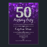 50. Geburtstag - Lila Silber Einladung<br><div class="desc">Einladung zum 50. Geburtstag. Elegantes lila Design mit Imitaten Glitzer Silber. Erwachsener Geburtstag. Enthält Diamanten und Skript-Schriftart. Männer oder Frauen laden ein. Ideal für eine stilvolle Geburtstagsfeier. Nachricht,  wenn Sie weitere Anpassungen benötigen.</div>