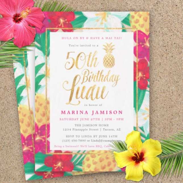 50. Geburtstag Luau Einladungen | Rosa und Gold (50th Birthday Luau)