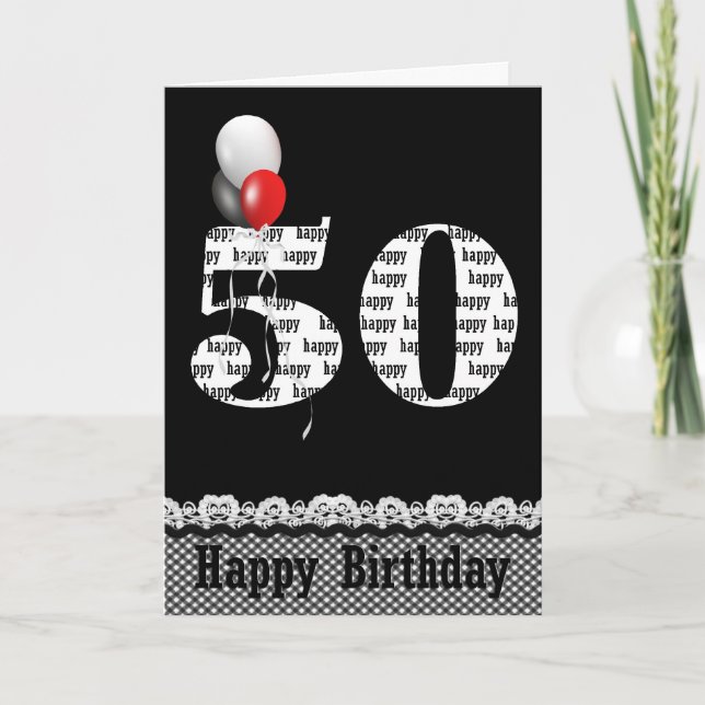 50. Geburtstag mit Gingham Border Karte (Vorderseite)