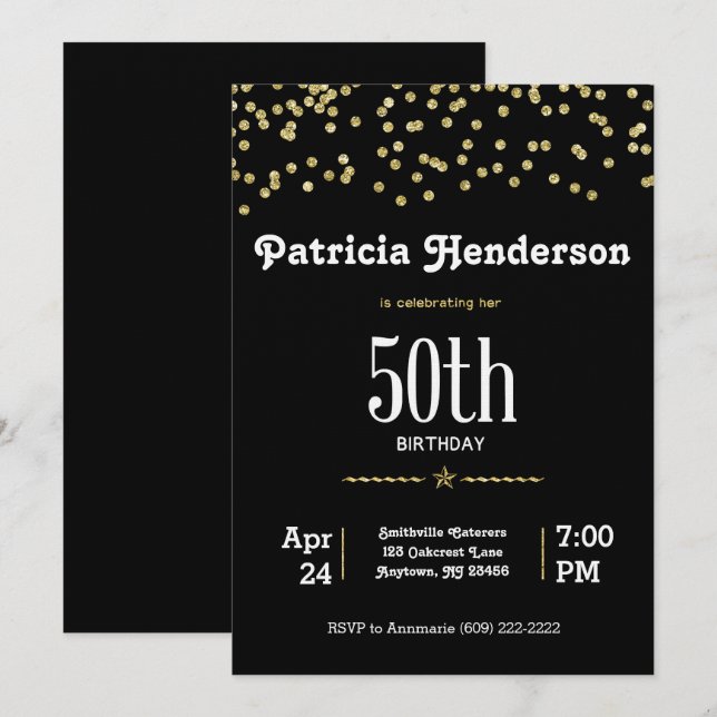 50. Geburtstag mit Glittering Gold Einladung (Vorne/Hinten)