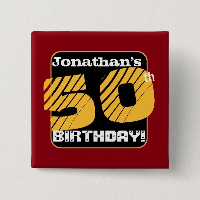 50. Geburtstag mit Name-gestreifter Zahl A01 Button (Vorderseite)