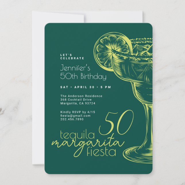 50. Geburtstag Modern Green Margarita Fiesta Einladung (Vorderseite)