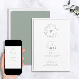 50. Geburtstag Modern Sage Green Leafy Wappen Einladung