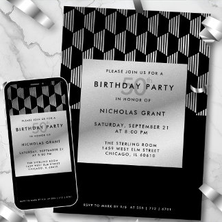 50. Geburtstag Modern Schwarz Faux Silberfolie Einladung