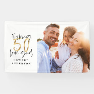 50. Geburtstag moderne Schwarz-Gold-Foto-Collage Banner