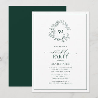 50. Geburtstag Modernes Emerald Green Leafy Wappen Einladung