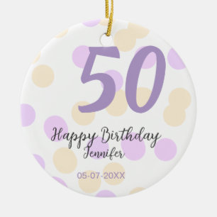 50. Geburtstag Name Datum lila orange Punkte Keramik Ornament