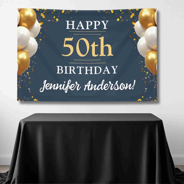 50. Geburtstag Navy Blue and Gold Celebration Banner (Von Creator hochgeladen)