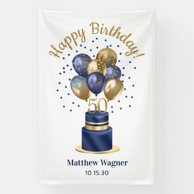 50. Geburtstag Navy Blue Balloon Cake Banner (Vertikal)