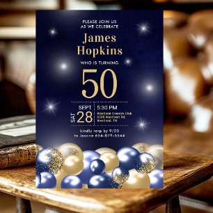 50. Geburtstag Navy Blue Gold Balloons Foto Einladung