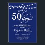 50. Geburtstag - Navy Blue White Einladung<br><div class="desc">Einladung zum 50. Geburtstag. Einfaches marineblau-weißes Design mit Skript-Schriftart und Feen-String-Lichtern. Feiert bis 50 Jahre. Kann in jedem Alter personalisiert werden! Nachricht,  wenn Sie weitere Anpassungen benötigen.</div>
