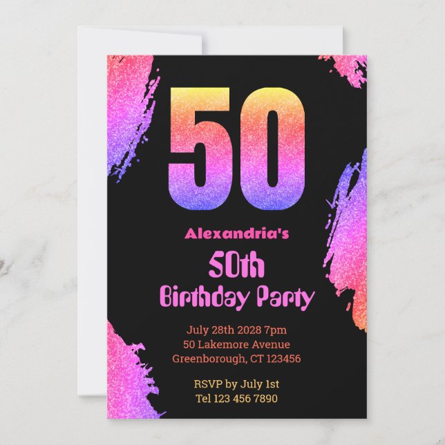 50. Geburtstag Neon Pink Glitzer Party Einladung (Vorderseite)