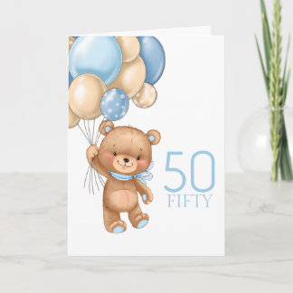 50. Geburtstag niedliche blaue Ballons Teddy-Karte Karte