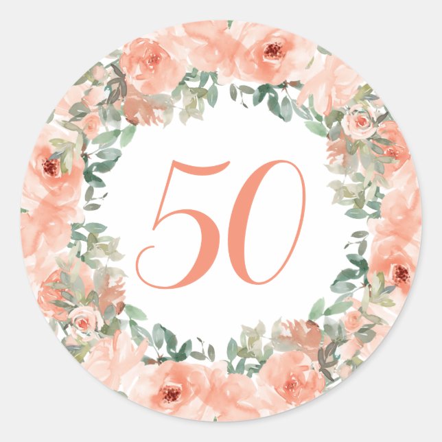 50. Geburtstag Peach Floral Runder Aufkleber (Vorderseite)