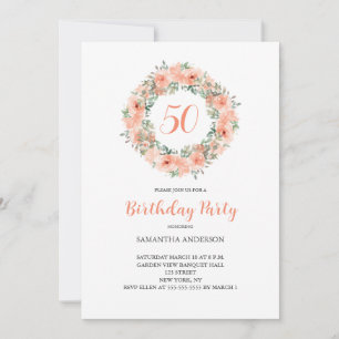 50. Geburtstag Peach Floral Wasserfarbe Einladung