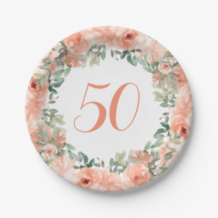 50. Geburtstag Peach Floral Wasserfarbe Pappteller