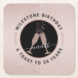 50. Geburtstag Personalisierter Glitzer Champagne  Rechteckiger Pappuntersetzer
