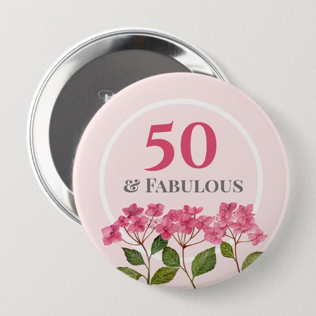 50. Geburtstag Pink Hydrangea Lacecaps Illustratio Button (Vorne & Hinten)
