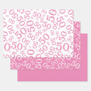 50. Geburtstag Pink & White Zufallszahlenmuster Geschenkpapier Set