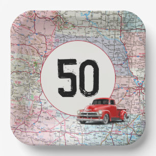 50. Geburtstag Red Retro Truck auf Roadmap Pappteller