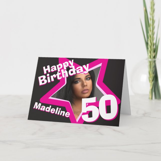 50. Geburtstag rosa benutzerdefinierte Fotokarte Karte (Vorderseite)