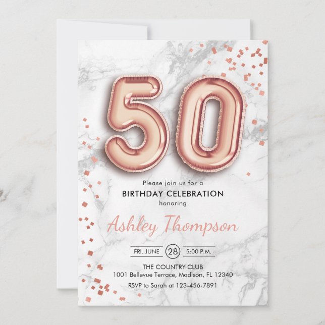 50. Geburtstag - Rose Gold Ballons Marmoreffekt Einladung (Vorderseite)