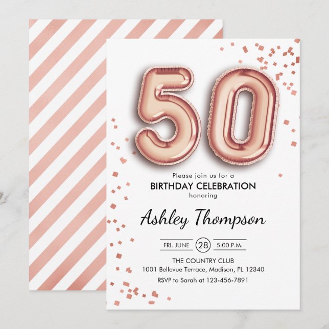 50. Geburtstag - Rose Gold Balloons Einladung (Vorne/Hinten)