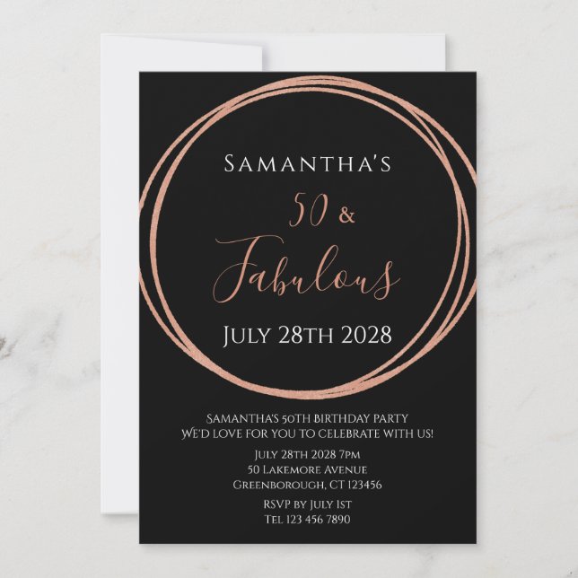 50. Geburtstag Rose Gold Black Birthday Einladung (Vorderseite)