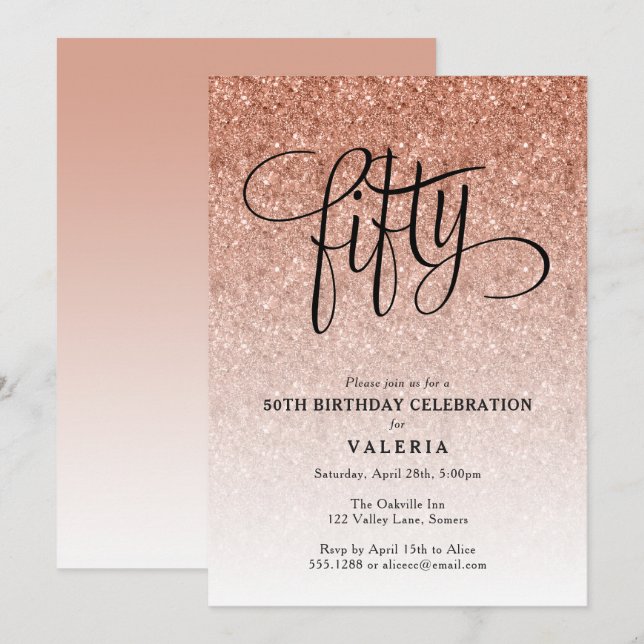 50. Geburtstag Rose Gold Glitzer Einladung (Vorne/Hinten)
