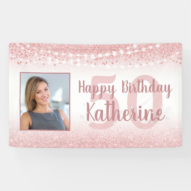 50. Geburtstag Rose Gold Glitzer Lights Foto Banner (Horizontal)