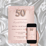 50. Geburtstag Rose Gold Glitzer Tropfen rosa Glam Einladung<br><div class="desc">Eine moderne, stilvolle und glamouröse Einladung zu einer 50. Geburtstagsfeier. Ein Imitat Rose gold metallische Hintergrund mit einem eleganten Imitat Rose Gold Glitzer Tropfen, Farbe Tropfen aussehen. Der Name ist mit einer modernen dunklen Rose goldfarbenen Handschrift geschrieben, die als Stilschrift dient. Personalisieren Sie Ihre Party-Daten und fügen Sie sie hinzu....</div>