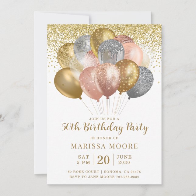 50. Geburtstag Rose Gold und Gold Glitzer Einladung (Vorderseite)