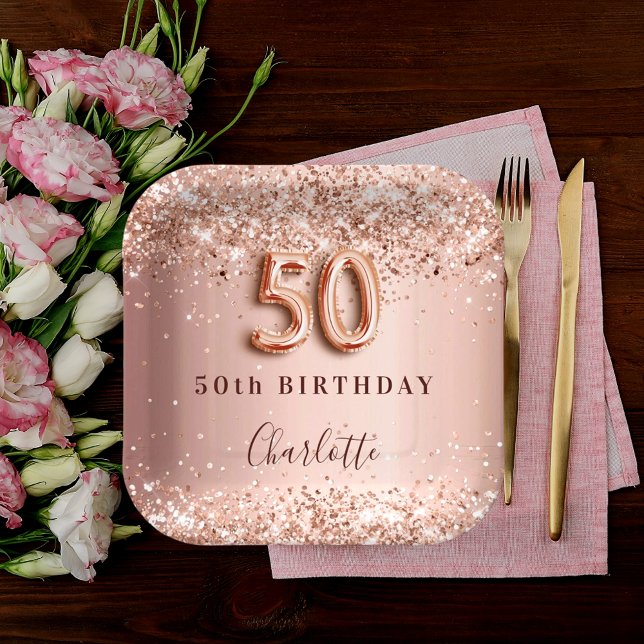 50. Geburtstag Rose Goldblüte Glitzer Name Pappteller (Von Creator hochgeladen)
