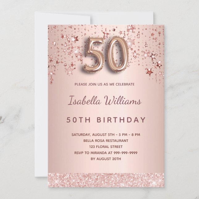 50. Geburtstag Rose goldfarbene Sterne Einladung (Vorderseite)